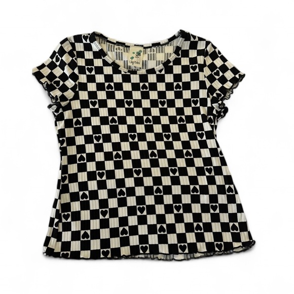Black white checkered baby tee frilly edge girl sz 16/women’s Medium for… - Picture 1 of 4